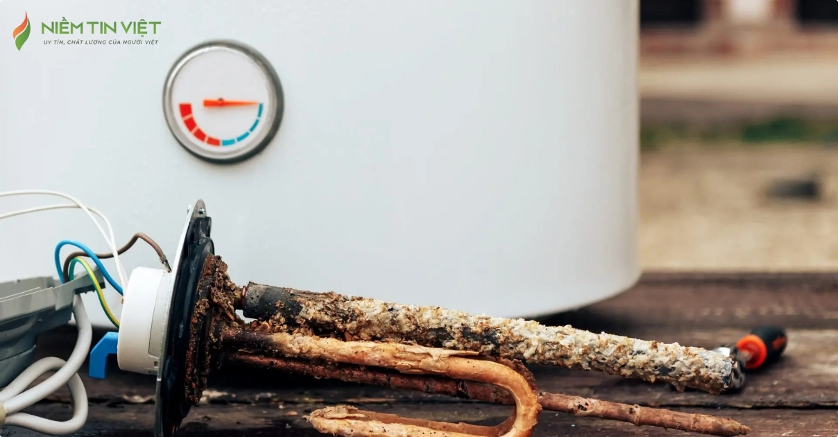 Thanh nhiệt máy nước nóng bị đóng cặn sau một thời gian dài sử dụng